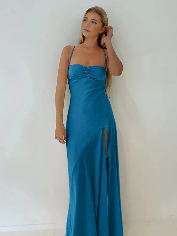 Simple Sheath Spaghetti Straps Prom Dresses Long Party Dress with Split Front DP531