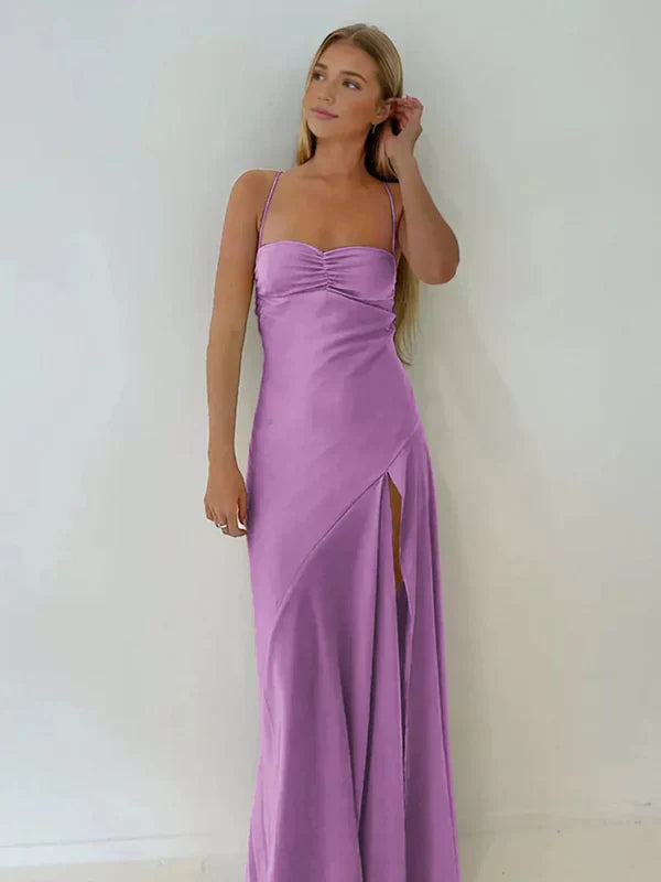 Simple Sheath Spaghetti Straps Prom Dresses Long Party Dress with Split Front DP531