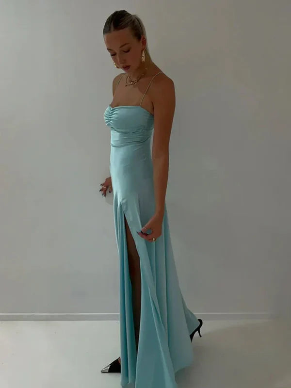 Simple Sheath Spaghetti Straps Prom Dresses Long Party Dress with Split Front DP531