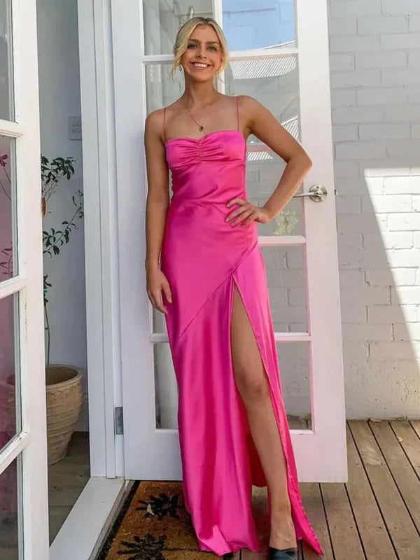 Simple Sheath Spaghetti Straps Prom Dresses Long Party Dress with Split Front DP531
