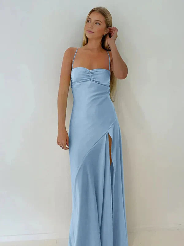Simple Sheath Spaghetti Straps Prom Dresses Long Party Dress with Split Front DP531