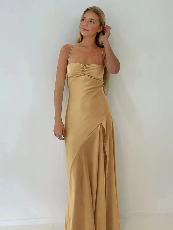 Simple Sheath Spaghetti Straps Prom Dresses Long Party Dress with Split Front DP531