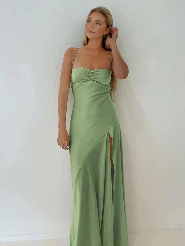 Simple Sheath Spaghetti Straps Prom Dresses Long Party Dress with Split Front DP531