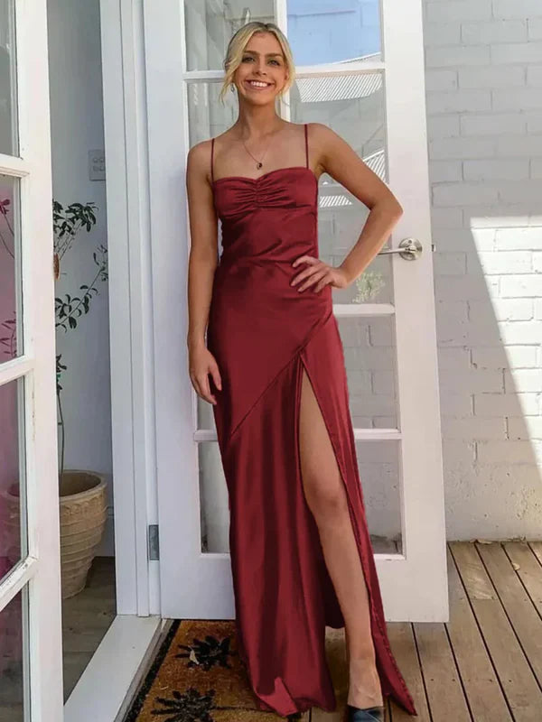 Simple Sheath Spaghetti Straps Prom Dresses Long Party Dress with Split Front DP531