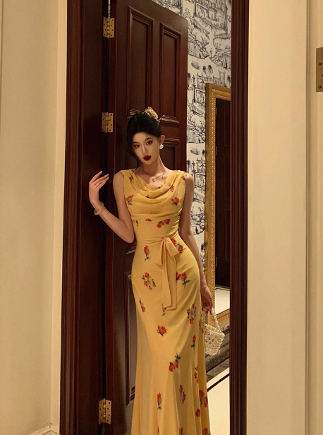 Cute Mermaid Yellow Chiffon Sleeveless 18th Birthday Dress Party Gown Birthday Outfits For Women DP0537