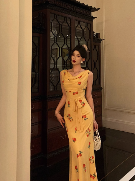 Cute Mermaid Yellow Chiffon Sleeveless 18th Birthday Dress Party Gown Birthday Outfits For Women DP0537