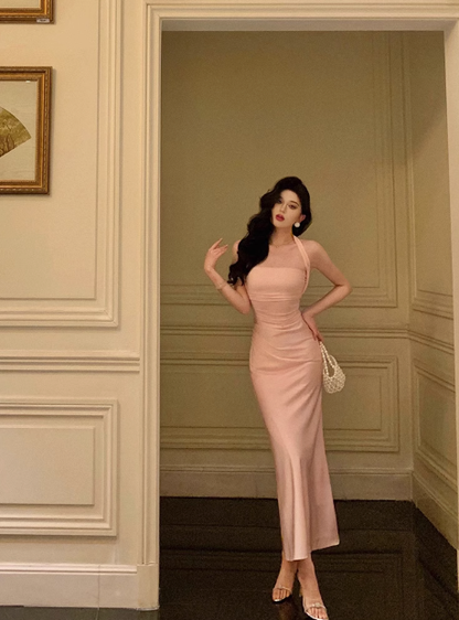 Elegant Sheath Halter Pink Satin Sleeveless 21st Birthday Dress Party Gown Birthday Outfits Birthday Dress Ideas For Women DP542