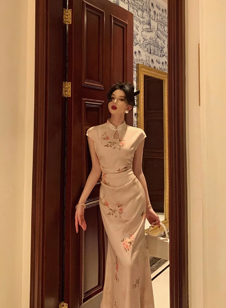 Cute Mermaid Cap Floral Satin Sleeveless 18th Birthday Dress Party Gown Birthday Outfits For Women DP546