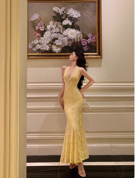 Elegant Mermaid V neckline Sleeveless Yellow Lace 21st Birthday Dress Party Gown Birthday Outfits Birthday Dress Ideas For Women DP548