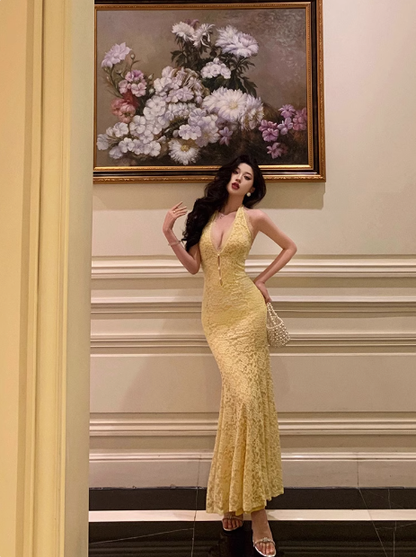 Elegant Mermaid V neckline Sleeveless Yellow Lace 21st Birthday Dress Party Gown Birthday Outfits Birthday Dress Ideas For Women DP548