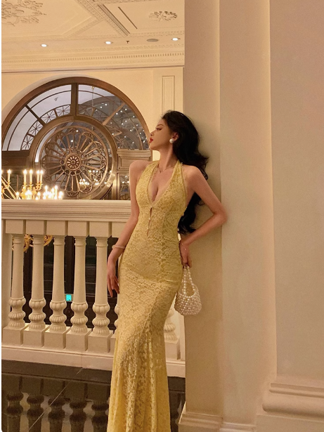 Elegant Mermaid V neckline Sleeveless Yellow Lace 21st Birthday Dress Party Gown Birthday Outfits Birthday Dress Ideas For Women DP548
