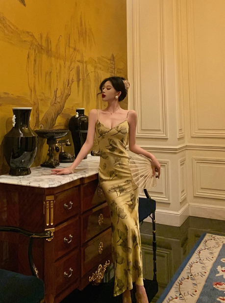 Elegant Mermaid Spaghetti Straps Yellow Floral Sleeveless 18th Birthday Dress Party Gown Birthday Outfits Birthday Dress Ideas For Women DP566