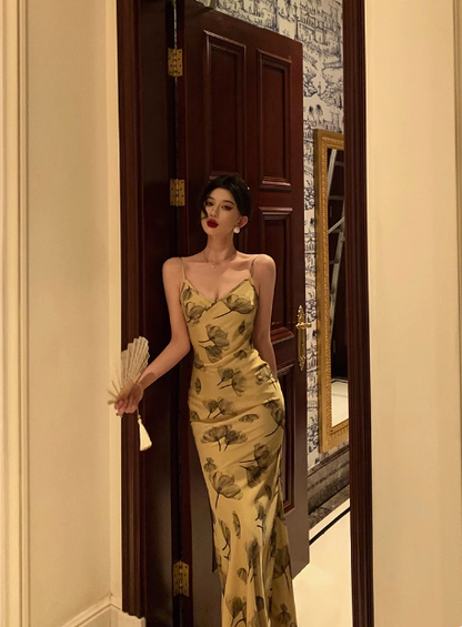 Elegant Mermaid Spaghetti Straps Yellow Floral Sleeveless 18th Birthday Dress Party Gown Birthday Outfits Birthday Dress Ideas For Women DP566