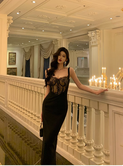 Elegant Mermaid Spaghetti Straps Black Lace Sleeveless 18th Birthday Dress Party Gown Birthday Outfits Birthday Dress Ideas For Women DP568