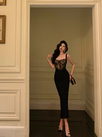 Elegant Mermaid Spaghetti Straps Black Lace Sleeveless 18th Birthday Dress Party Gown Birthday Outfits Birthday Dress Ideas For Women DP568