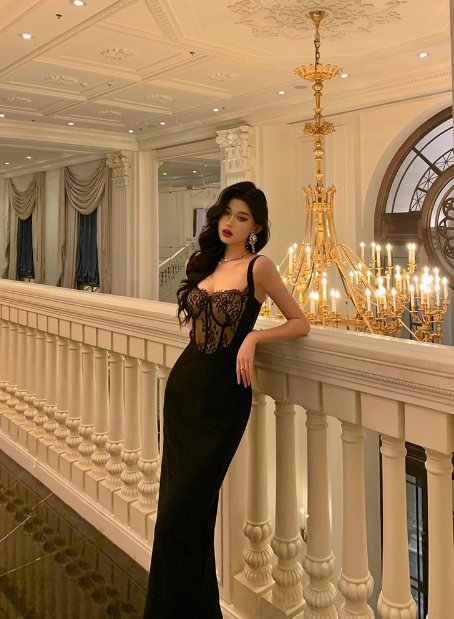 Elegant Mermaid Spaghetti Straps Black Lace Sleeveless 18th Birthday Dress Party Gown Birthday Outfits Birthday Dress Ideas For Women DP568