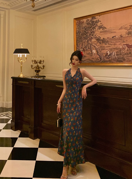 Classy Mermaid V Neckline Blue Floral 18th Birthday Dress Party Gown 21st Birthday Outfits Birthday Dress Ideas For Women DP569