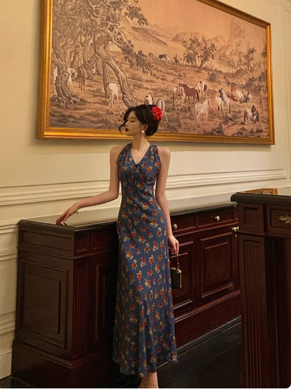 Classy Mermaid V Neckline Blue Floral 18th Birthday Dress Party Gown 21st Birthday Outfits Birthday Dress Ideas For Women DP569