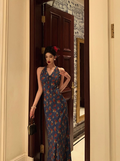 Classy Mermaid V Neckline Blue Floral 18th Birthday Dress Party Gown 21st Birthday Outfits Birthday Dress Ideas For Women DP569