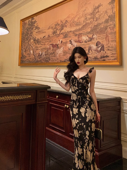 Elegant Mermaid Straps Black Floral Sleeveless 18th Birthday Dress Party Gown Birthday Outfits Birthday Dress Ideas For Women DP570