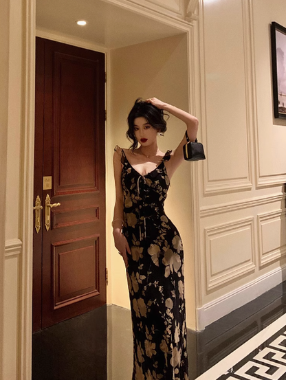 Elegant Mermaid Straps Black Floral Sleeveless 18th Birthday Dress Party Gown Birthday Outfits Birthday Dress Ideas For Women DP570