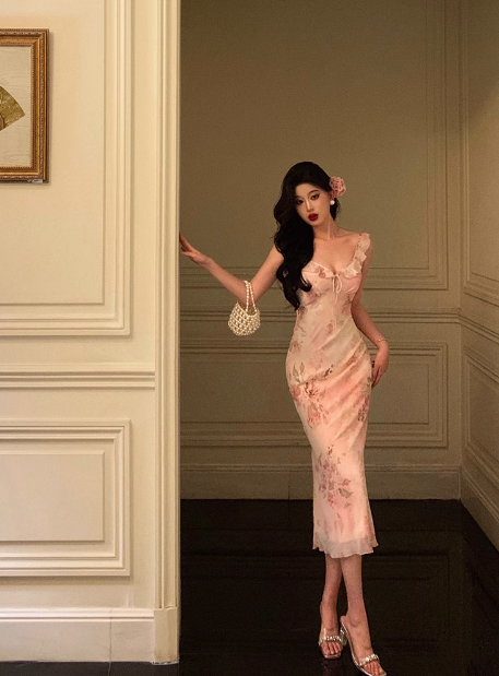 Elegant Sheath Pink Floral Chiffon 18th Birthday Dress Party Gown Birthday Outfits Birthday Dress Ideas For Women DP592