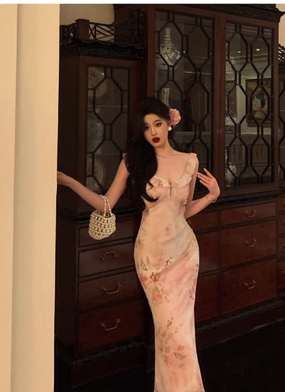 Elegant Sheath Pink Floral Chiffon 18th Birthday Dress Party Gown Birthday Outfits Birthday Dress Ideas For Women DP592