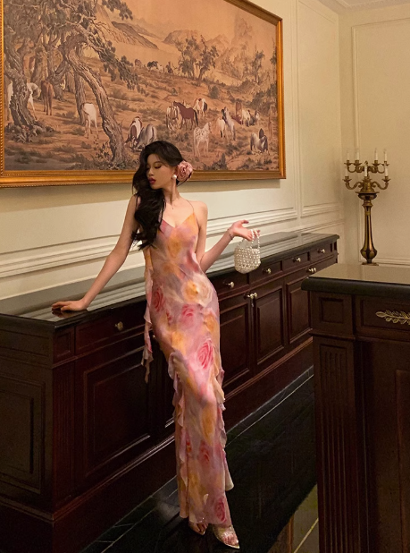 Classy Mermaid Pink Floral Chiffon Long 18th Birthday Dress Party Gown 21st Birthday Outfits Birthday Dress Ideas For Women DP601