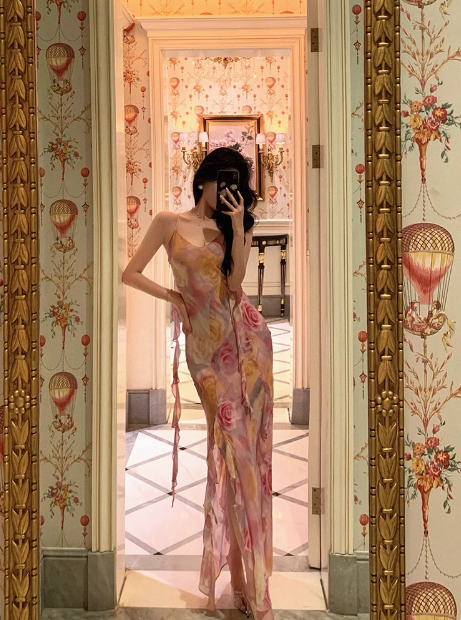 Classy Mermaid Pink Floral Chiffon Long 18th Birthday Dress Party Gown 21st Birthday Outfits Birthday Dress Ideas For Women DP601