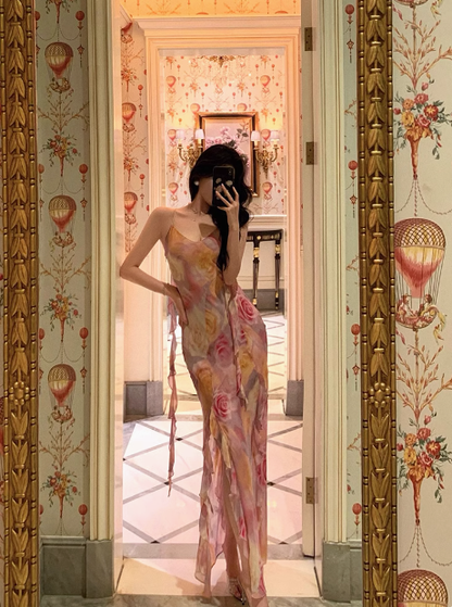 Classy Mermaid Pink Floral Chiffon Long 18th Birthday Dress Party Gown 21st Birthday Outfits Birthday Dress Ideas For Women DP601