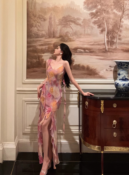 Classy Mermaid Pink Floral Chiffon Long 18th Birthday Dress Party Gown 21st Birthday Outfits Birthday Dress Ideas For Women DP601