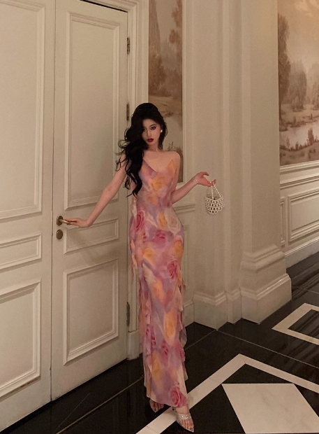 Classy Mermaid Pink Floral Chiffon Long 18th Birthday Dress Party Gown 21st Birthday Outfits Birthday Dress Ideas For Women DP601