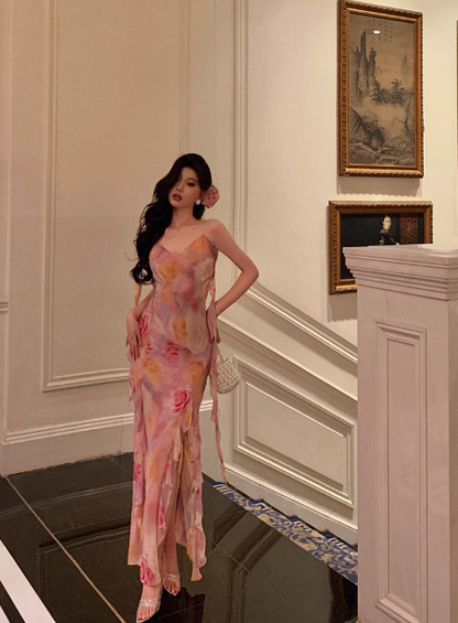 Classy Mermaid Pink Floral Chiffon Long 18th Birthday Dress Party Gown 21st Birthday Outfits Birthday Dress Ideas For Women DP601