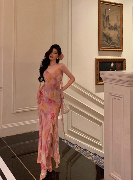 Classy Mermaid Pink Floral Chiffon Long 18th Birthday Dress Party Gown 21st Birthday Outfits Birthday Dress Ideas For Women DP601