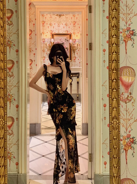 Elegant Mermaid Black Floral Chiffon 18th Birthday Dress Party Gown Birthday Outfits Birthday Dress Ideas For Women DP603