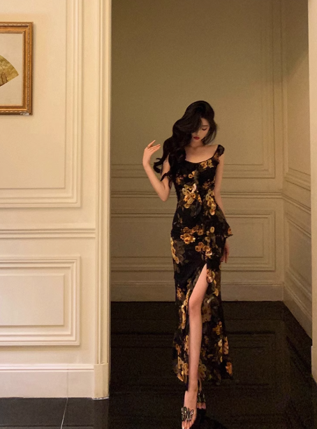 Elegant Mermaid Black Floral Chiffon 18th Birthday Dress Party Gown Birthday Outfits Birthday Dress Ideas For Women DP603