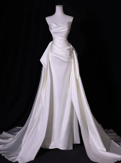 Dreamy Simple White Mermaid Satin Strapless Pleats Wedding Dress Summer Brides Dress DP604