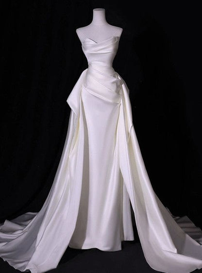 Dreamy Simple White Mermaid Satin Strapless Pleats Wedding Dress Summer Brides Dress DP604