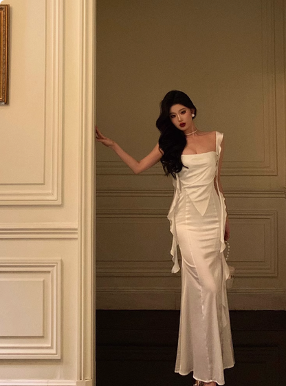 Classy Mermaid White Square Neck Long 18th Birthday Dress Party Gown 21st Birthday Outfits Birthday Dress Ideas For Women DP605