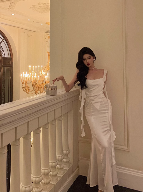 Classy Mermaid White Square Neck Long 18th Birthday Dress Party Gown 21st Birthday Outfits Birthday Dress Ideas For Women DP605