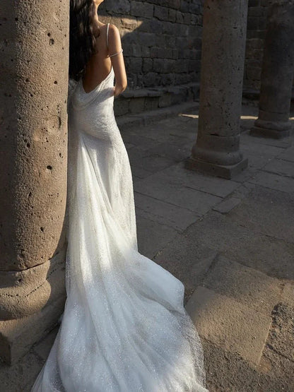 Chic White Mermaid Sequins Long Pleats Backless Wedding Dress Bridal Gowns DP621