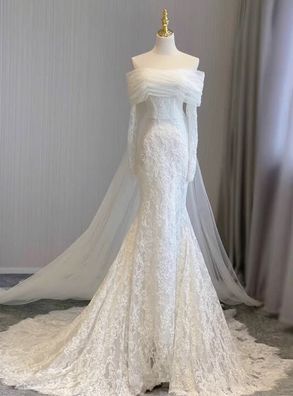 Dreamy Wedding Dresses A-Line Notch lapel collar Long Sleeve Court Train Summer Brides Dress DP608