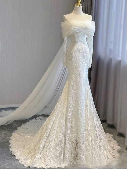Dreamy Wedding Dresses A-Line Notch lapel collar Long Sleeve Court Train Summer Brides Dress DP608