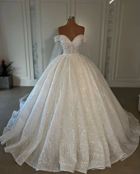 Luxury Ball Gown Wedding Dresses Sleeveless V Neck Strapless Sequin Wedding Dress With Train DP609