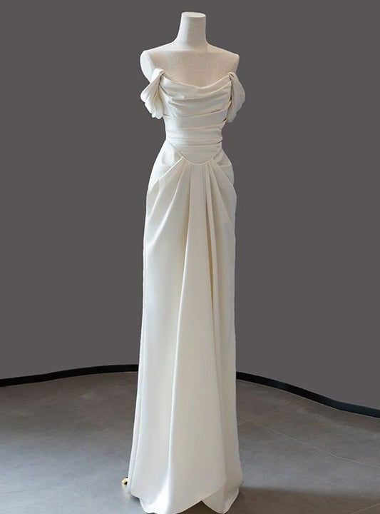 Simple Ivory Satin Off the Shoulder Pleats Wedding Dresses Summer Wedding Dress DP614