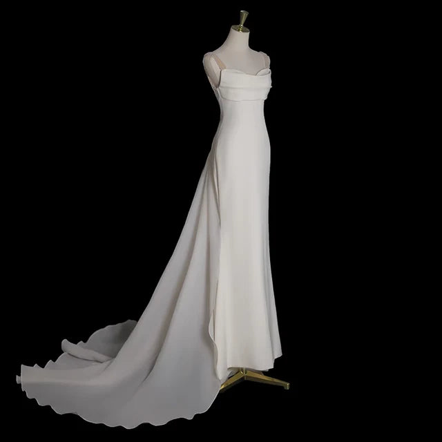 Simple White Mermaid Straps Pearls Wedding Dress Summer Wedding Dress DP616