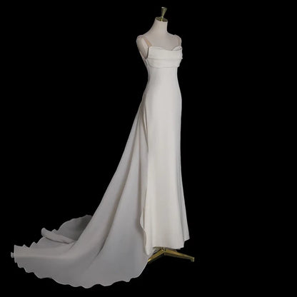 Simple White Mermaid Straps Pearls Wedding Dress Summer Wedding Dress DP616