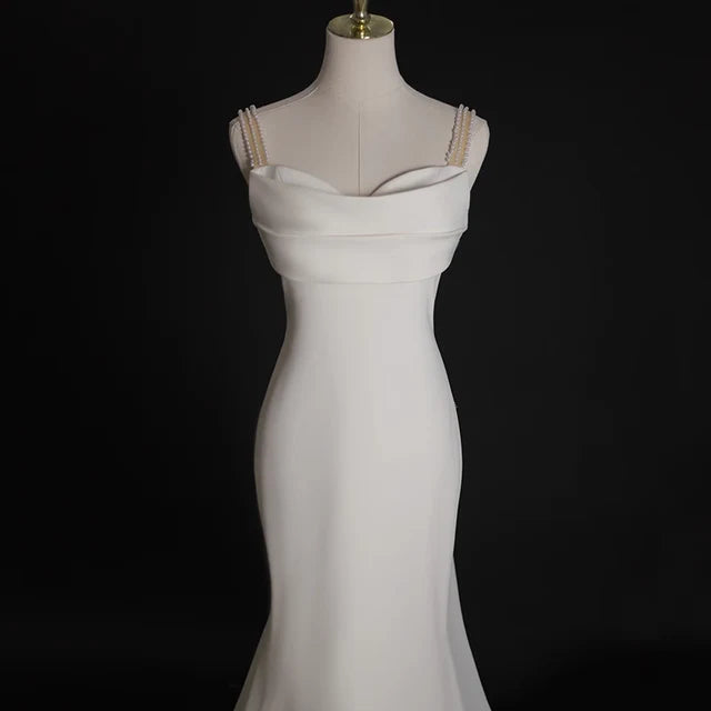 Simple White Mermaid Straps Pearls Wedding Dress Summer Wedding Dress DP616