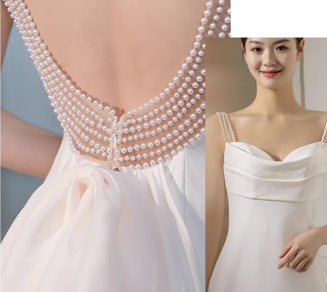 Simple White Mermaid Straps Pearls Wedding Dress Summer Wedding Dress DP616