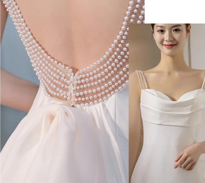 Simple White Mermaid Straps Pearls Wedding Dress Summer Wedding Dress DP616